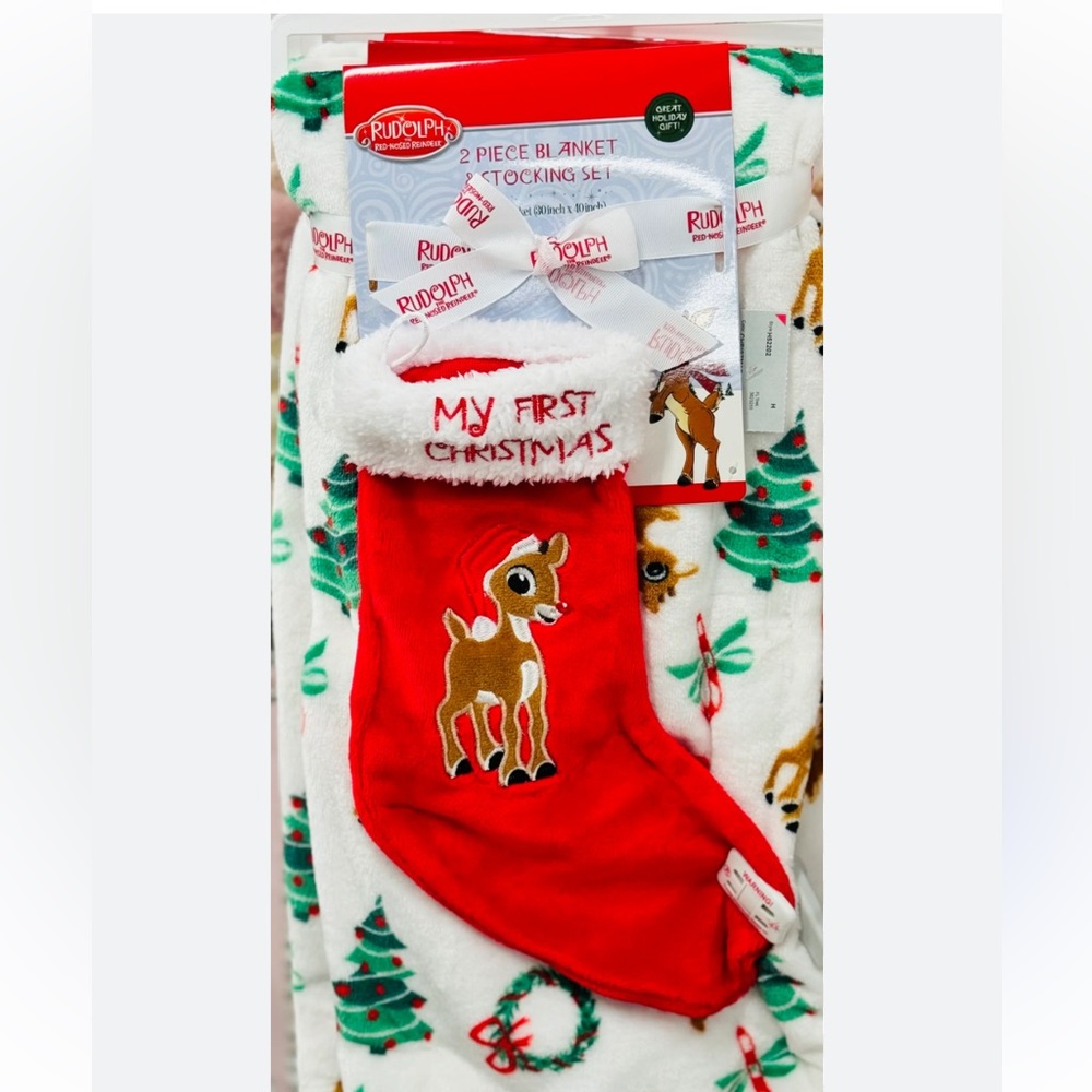 Rudolph nwt reindeer Red and White Christmas 2 piece blanket and Stocking set